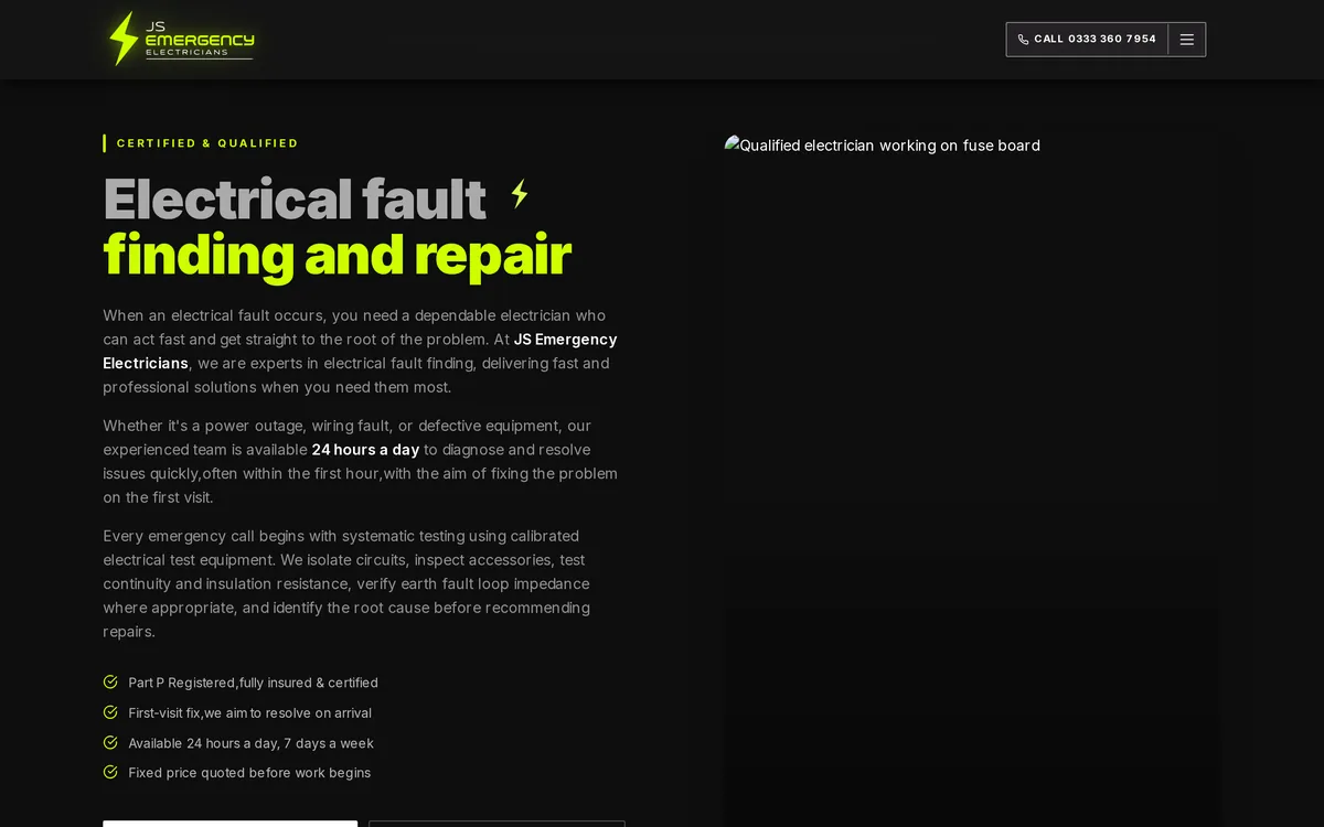 JS Emergency Electricians website screenshot 2